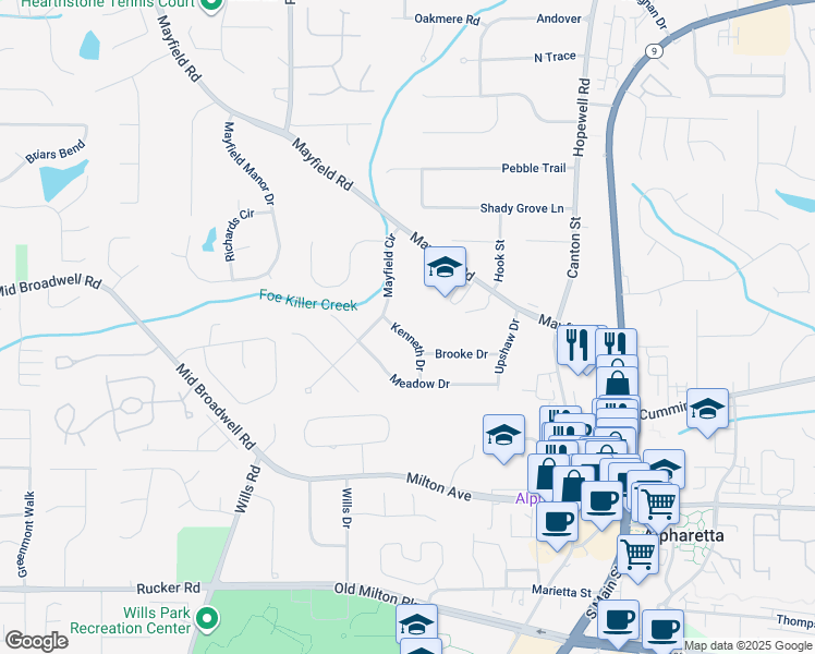 map of restaurants, bars, coffee shops, grocery stores, and more near 219 Kenneth Drive in Alpharetta