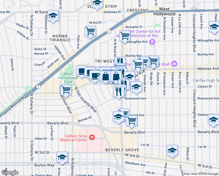 map of restaurants, bars, coffee shops, grocery stores, and more near 552 Westmount Drive in West Hollywood