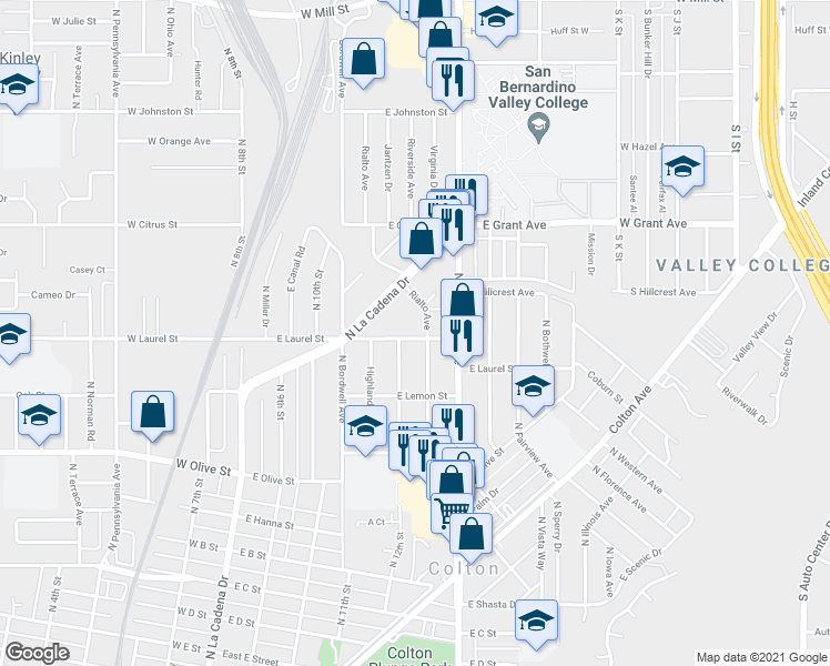 map of restaurants, bars, coffee shops, grocery stores, and more near 551 East Laurel Street in Colton