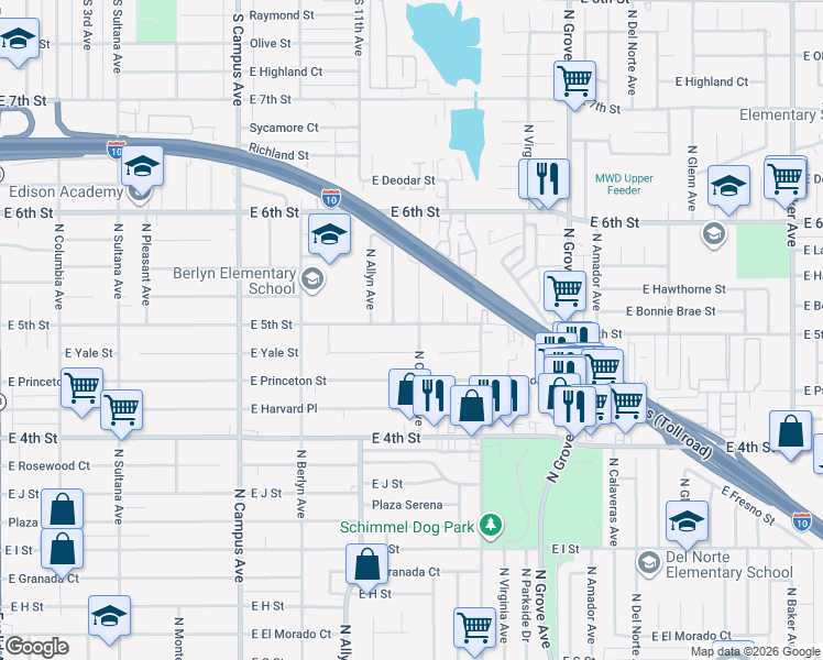 map of restaurants, bars, coffee shops, grocery stores, and more near 1255 N Council Ave in Ontario