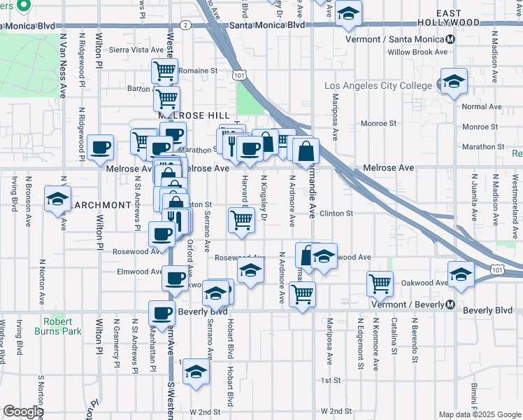 map of restaurants, bars, coffee shops, grocery stores, and more near 555 North Kingsley Drive in Los Angeles