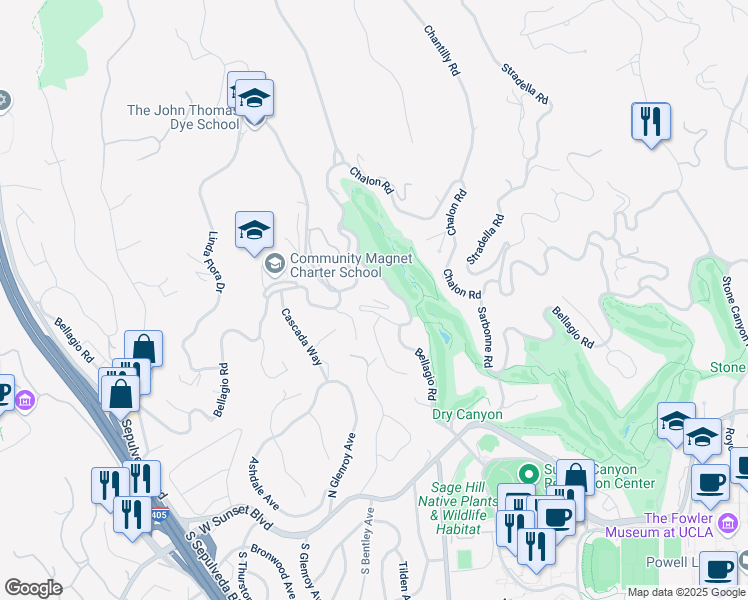 map of restaurants, bars, coffee shops, grocery stores, and more near 11715 Bellagio Road in Los Angeles
