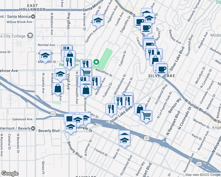map of restaurants, bars, coffee shops, grocery stores, and more near 708 Tularosa Drive in Los Angeles