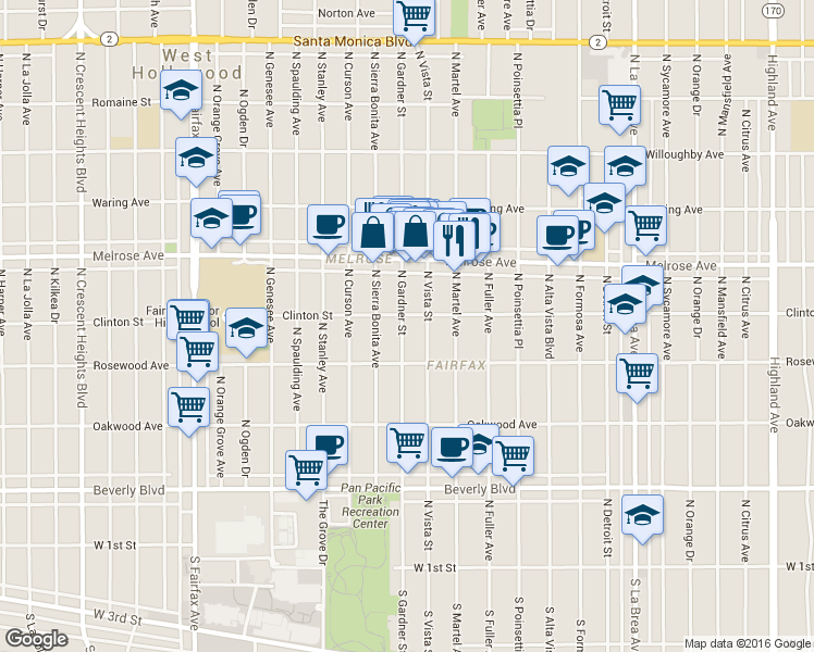 map of restaurants, bars, coffee shops, grocery stores, and more near 540 North Gardner Street in Los Angeles