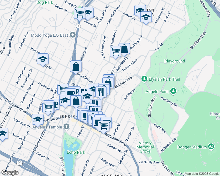 map of restaurants, bars, coffee shops, grocery stores, and more near 1551 Echo Park Avenue in Los Angeles