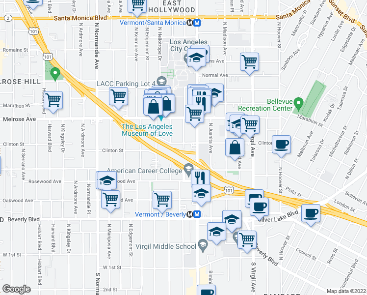 map of restaurants, bars, coffee shops, grocery stores, and more near 551 North New Hampshire Avenue in Los Angeles