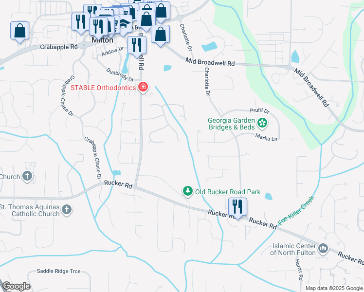 map of restaurants, bars, coffee shops, grocery stores, and more near 2170 Knightsbridge Way in Alpharetta
