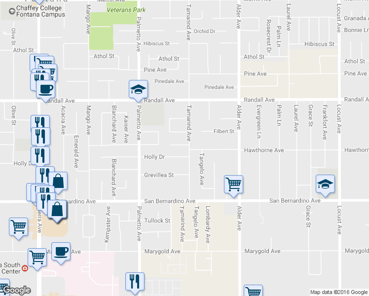 map of restaurants, bars, coffee shops, grocery stores, and more near 17485 Hawthorne Court in Fontana