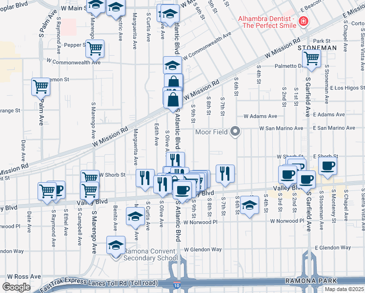 map of restaurants, bars, coffee shops, grocery stores, and more near 940 South Atlantic Boulevard in Alhambra