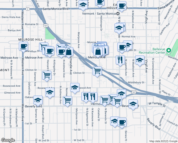 map of restaurants, bars, coffee shops, grocery stores, and more near 4307 Clinton Street in Los Angeles