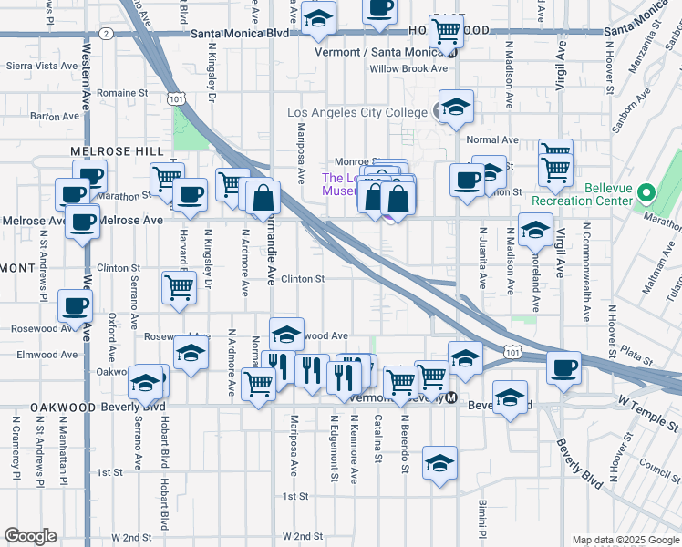 map of restaurants, bars, coffee shops, grocery stores, and more near 4307 Clinton Street in Los Angeles