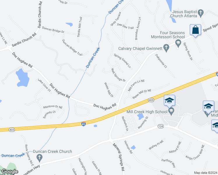 map of restaurants, bars, coffee shops, grocery stores, and more near 4086 Water Mill Drive in Buford