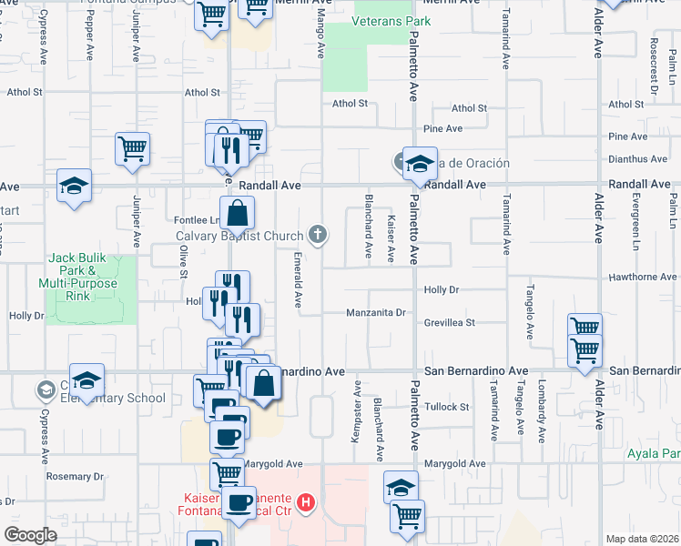 map of restaurants, bars, coffee shops, grocery stores, and more near 17141 Hawthorne Avenue in Fontana