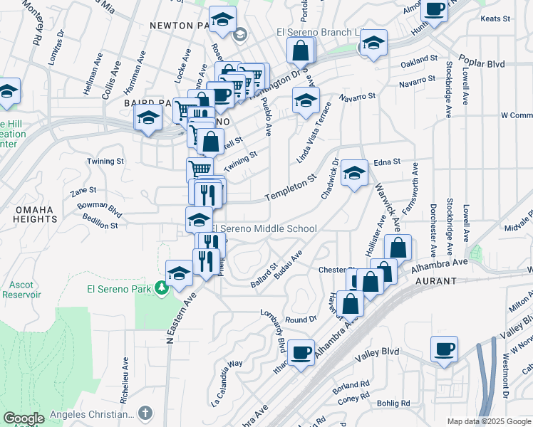 map of restaurants, bars, coffee shops, grocery stores, and more near 3107 Pueblo Avenue in Los Angeles