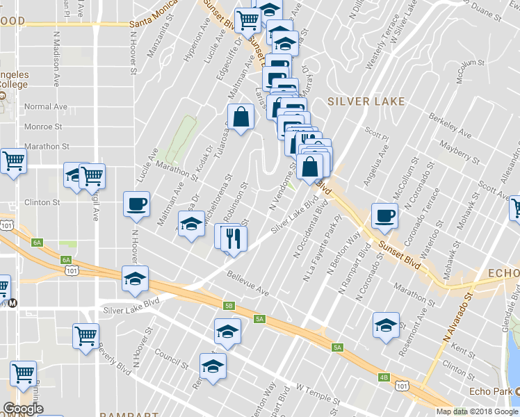 map of restaurants, bars, coffee shops, grocery stores, and more near 3115 Marathon Street in Los Angeles