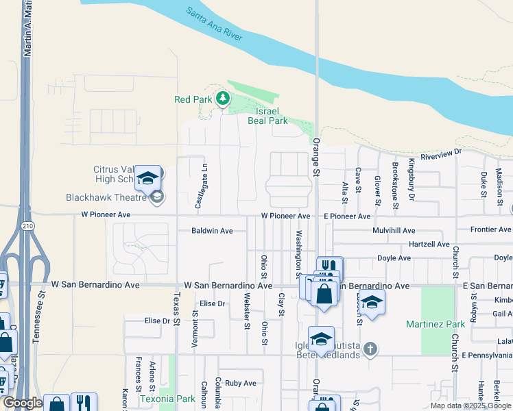 map of restaurants, bars, coffee shops, grocery stores, and more near 325 Deodar Street in Redlands