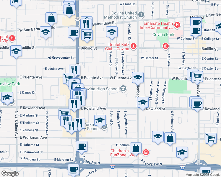 map of restaurants, bars, coffee shops, grocery stores, and more near 463 South Hollenbeck Avenue in Covina