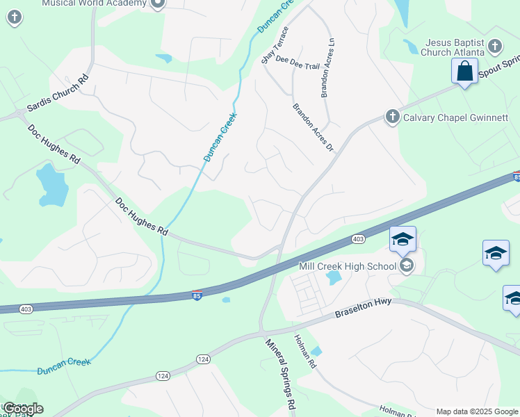 map of restaurants, bars, coffee shops, grocery stores, and more near 4096 Water Mill Drive in Buford