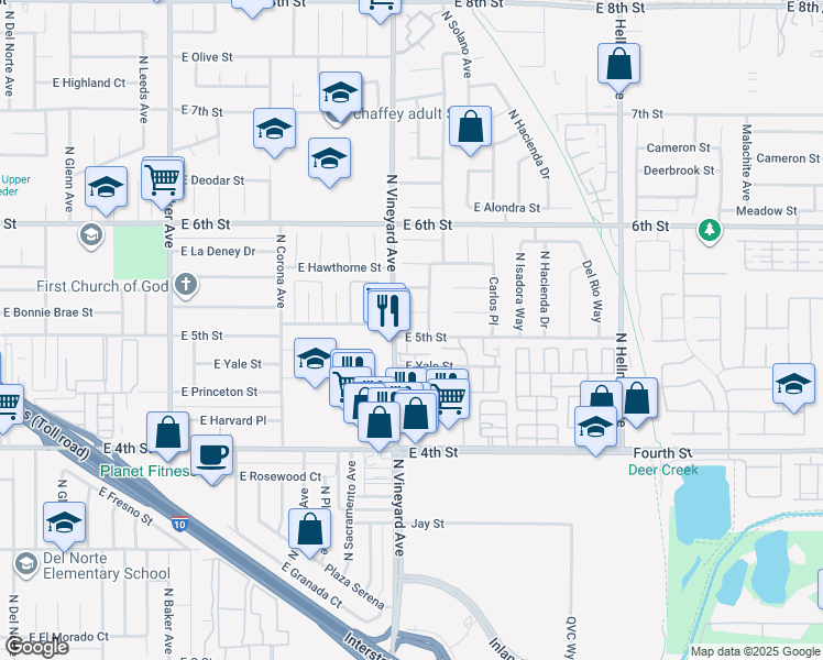 map of restaurants, bars, coffee shops, grocery stores, and more near 1915 East 5th Street in Ontario