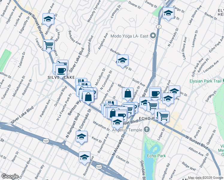 map of restaurants, bars, coffee shops, grocery stores, and more near 1326 Coronado Terrace in Los Angeles
