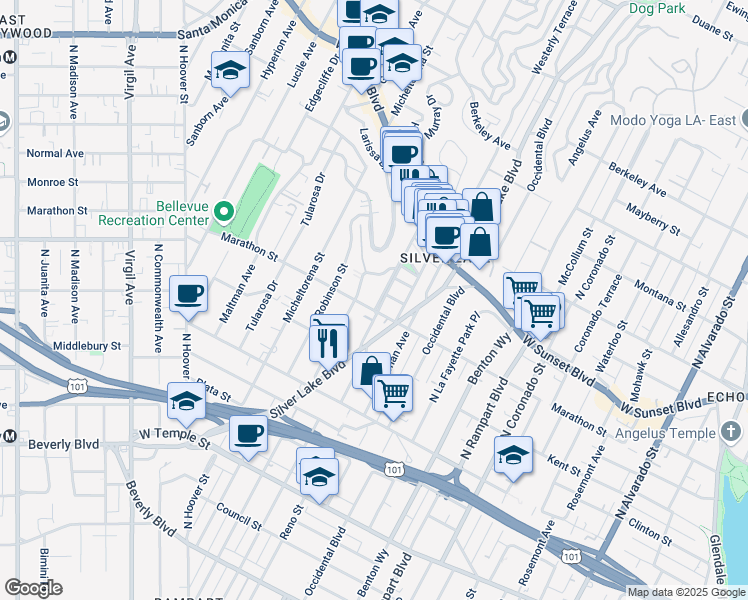 map of restaurants, bars, coffee shops, grocery stores, and more near 807 North Vendome Street in Los Angeles