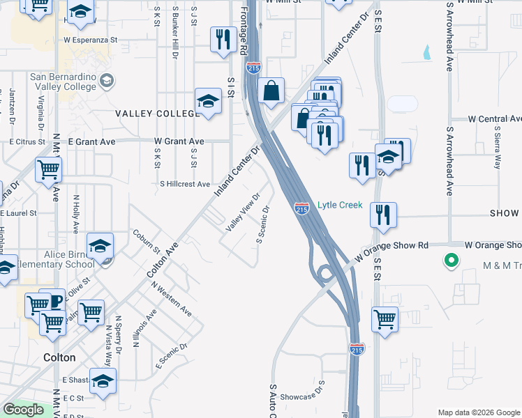 map of restaurants, bars, coffee shops, grocery stores, and more near 1056 Scenic Drive in San Bernardino
