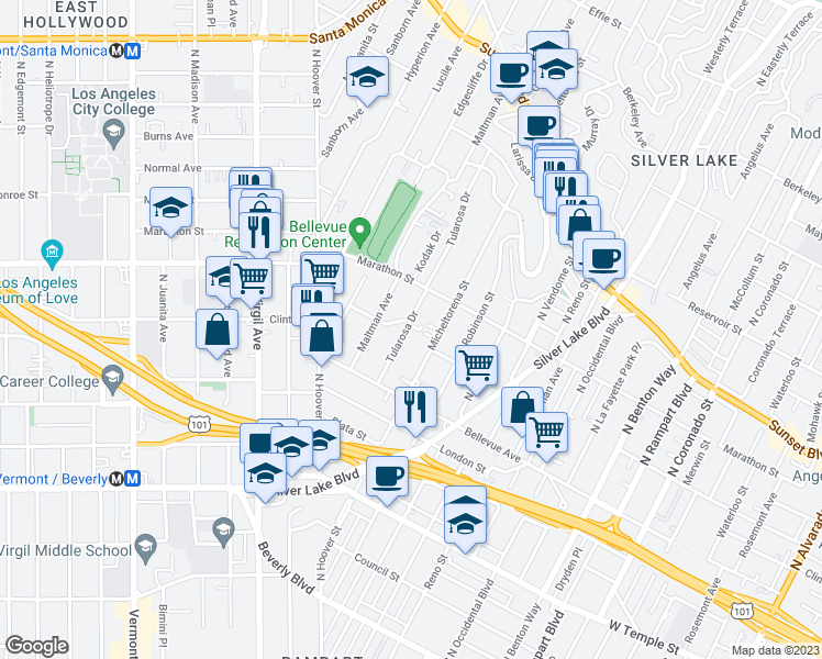 map of restaurants, bars, coffee shops, grocery stores, and more near 706 Tularosa Drive in Los Angeles
