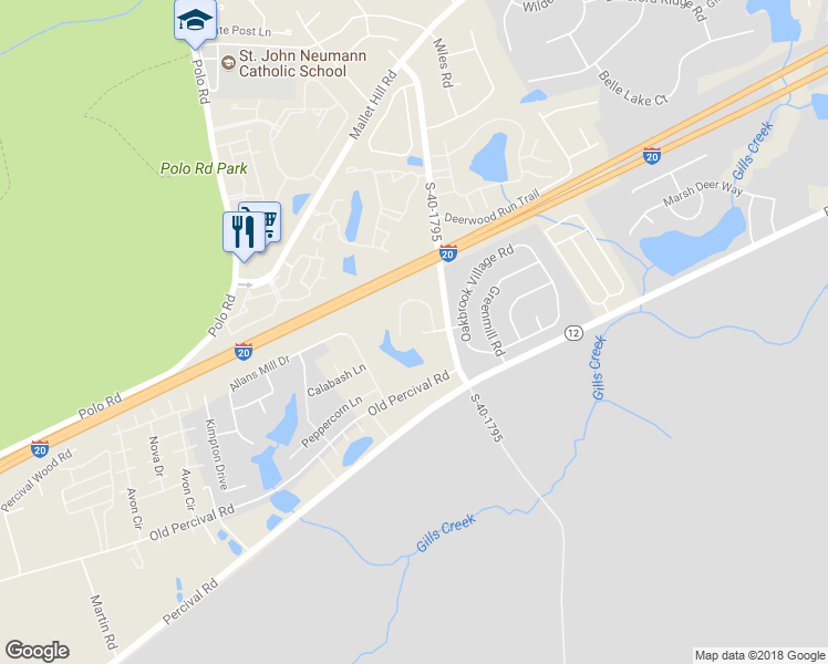 map of restaurants, bars, coffee shops, grocery stores, and more near 36 Sweetoak Court in Columbia