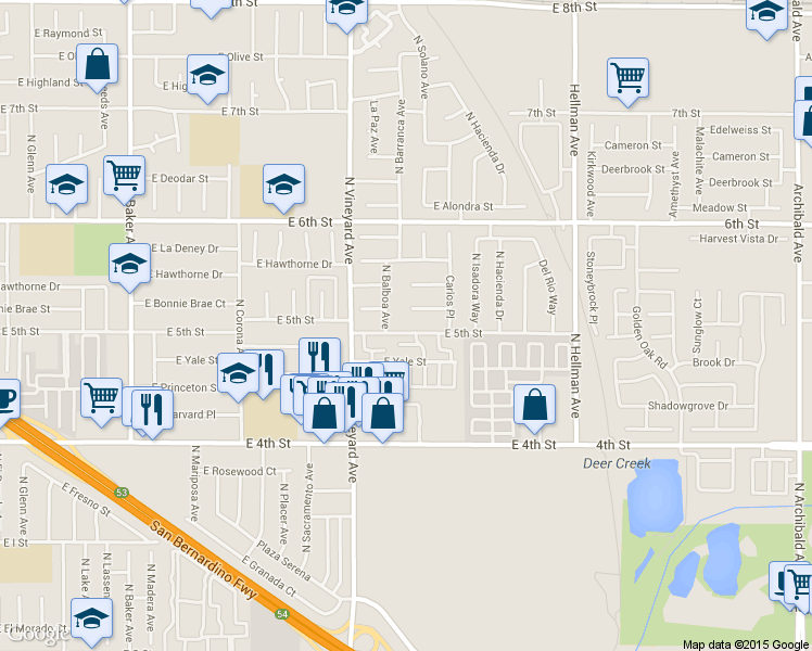 map of restaurants, bars, coffee shops, grocery stores, and more near 2015 East 5th Street in Ontario
