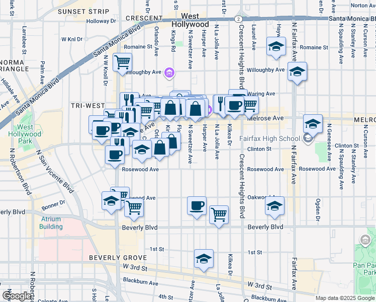 map of restaurants, bars, coffee shops, grocery stores, and more near 547 North Sweetzer Avenue in West Hollywood