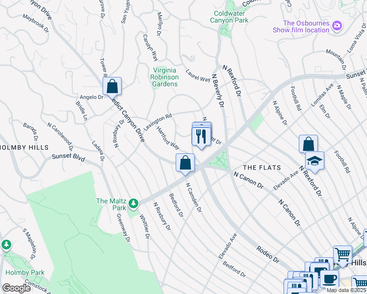 map of restaurants, bars, coffee shops, grocery stores, and more near 908 Hartford Way in Beverly Hills