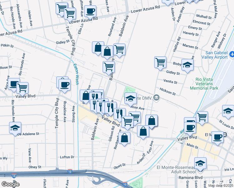 map of restaurants, bars, coffee shops, grocery stores, and more near 4120 Shirley Avenue in El Monte