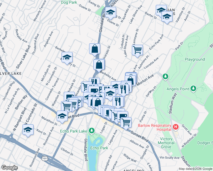 map of restaurants, bars, coffee shops, grocery stores, and more near 1503 Lake Shore Avenue in Los Angeles