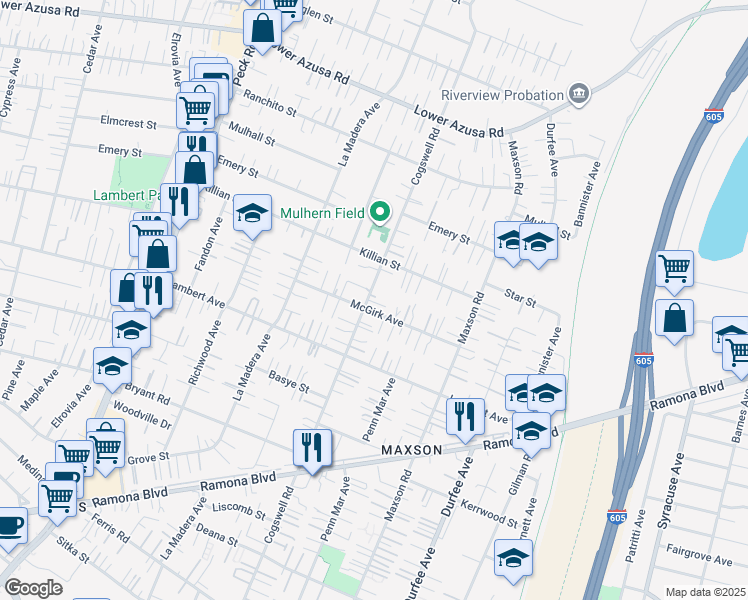 map of restaurants, bars, coffee shops, grocery stores, and more near 4410 Cogswell Road in El Monte