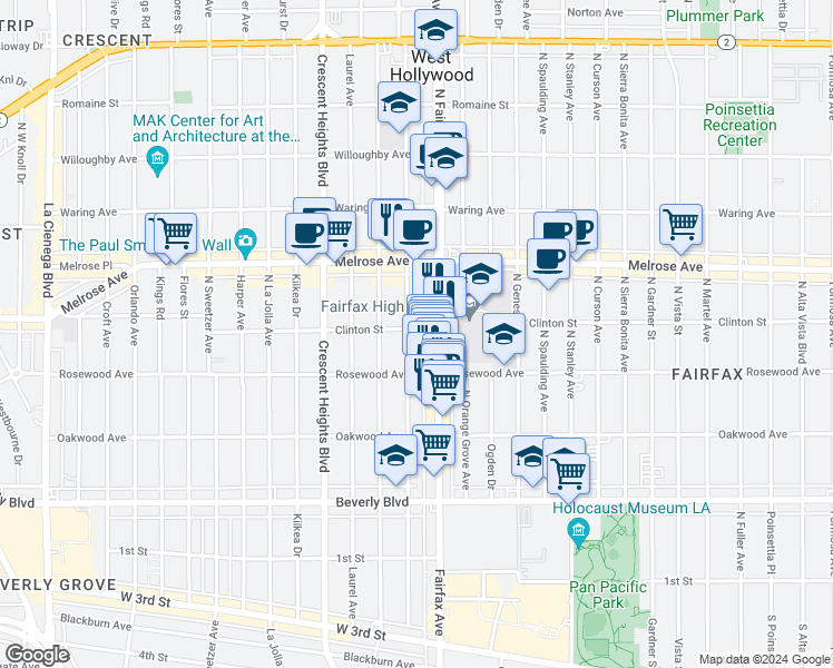 map of restaurants, bars, coffee shops, grocery stores, and more near 7924 Clinton Street in Los Angeles