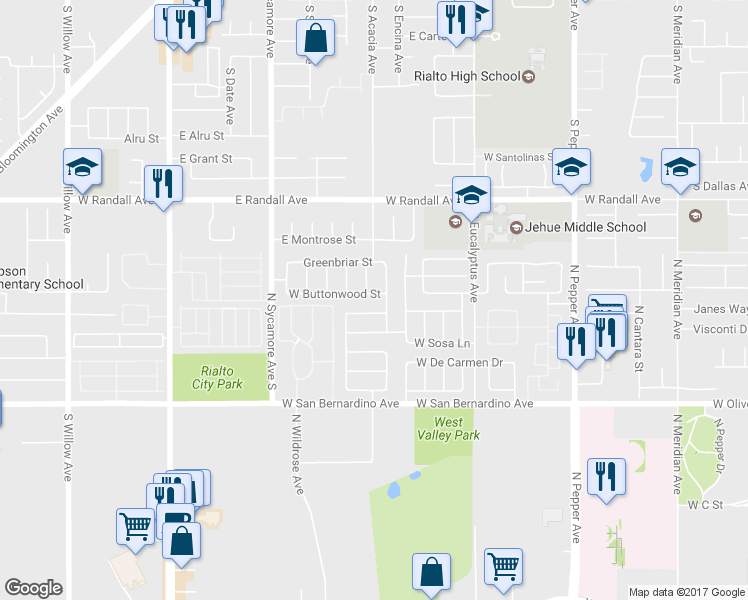 map of restaurants, bars, coffee shops, grocery stores, and more near 1907 West Buttonwood Street in Colton
