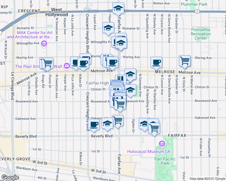 map of restaurants, bars, coffee shops, grocery stores, and more near 7924 Clinton Street in Los Angeles