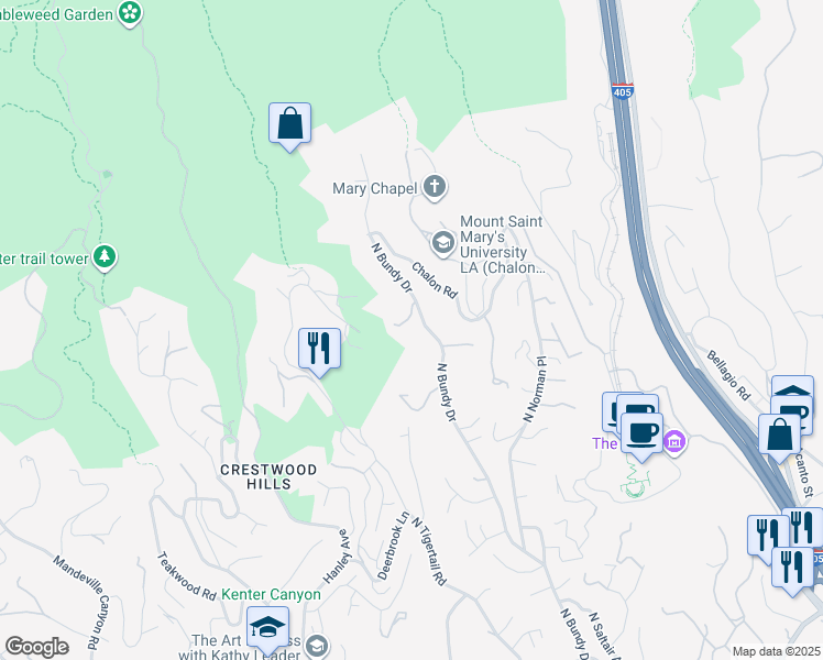 map of restaurants, bars, coffee shops, grocery stores, and more near 1235 North Bundy Drive in Los Angeles