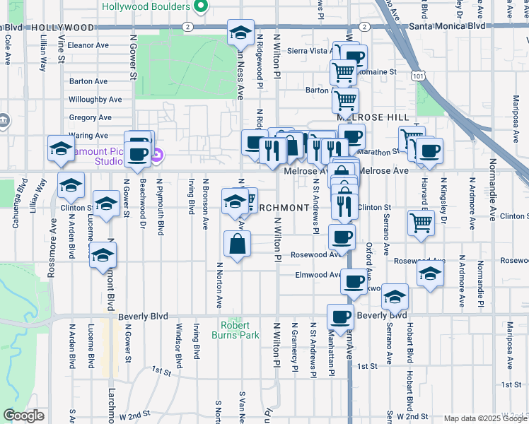 map of restaurants, bars, coffee shops, grocery stores, and more near in Los Angeles