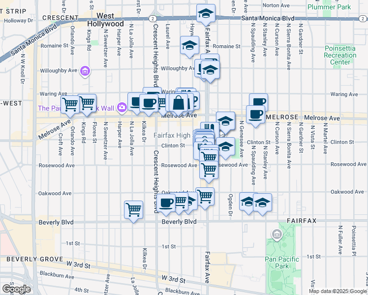 map of restaurants, bars, coffee shops, grocery stores, and more near 548 North Edinburgh Avenue in Los Angeles
