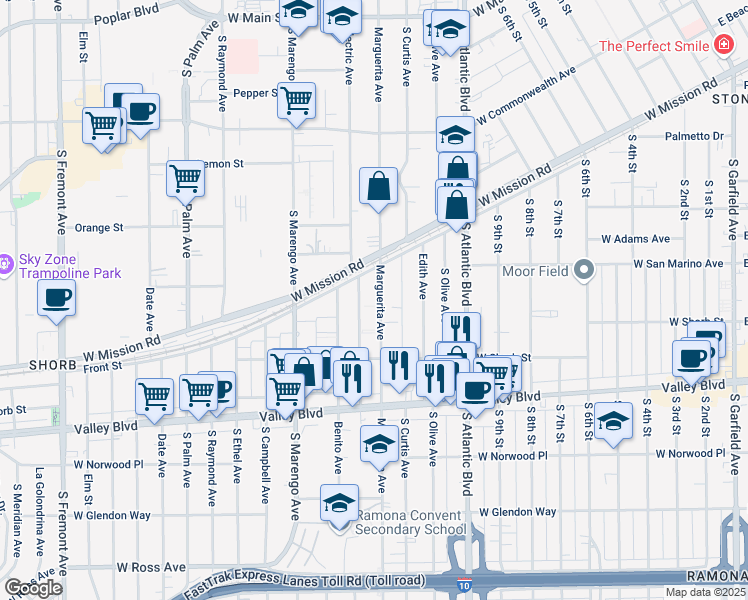 map of restaurants, bars, coffee shops, grocery stores, and more near 901 Marguerita Avenue in Alhambra