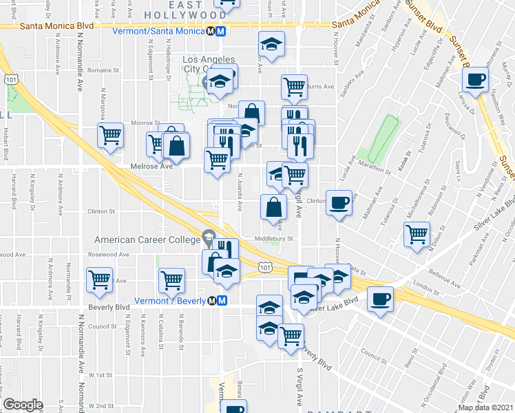 map of restaurants, bars, coffee shops, grocery stores, and more near 557 North Madison Avenue in Los Angeles