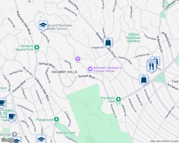 map of restaurants, bars, coffee shops, grocery stores, and more near 150 North Carolwood Drive in Los Angeles
