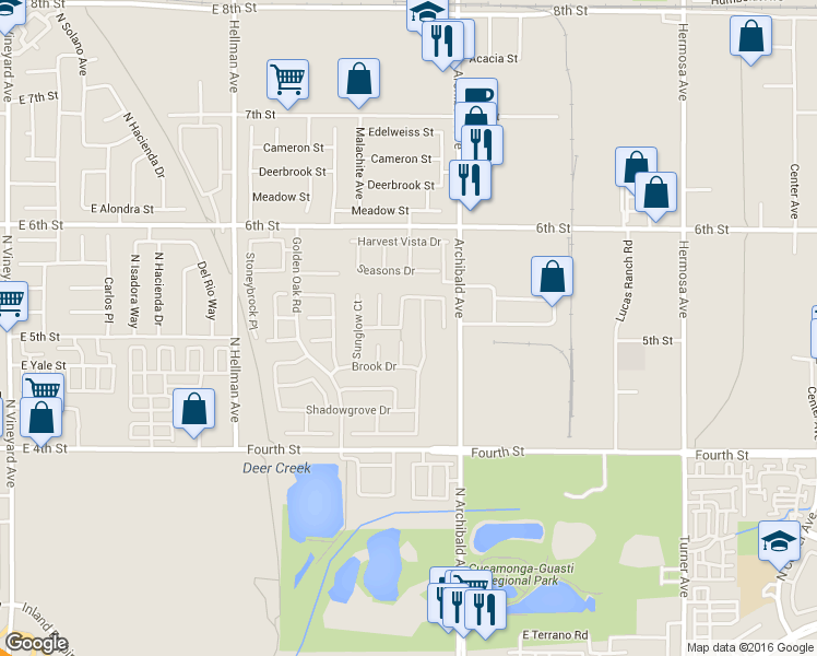 map of restaurants, bars, coffee shops, grocery stores, and more near 9479 Twin Oaks Place in Rancho Cucamonga