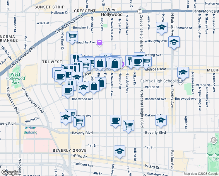 map of restaurants, bars, coffee shops, grocery stores, and more near 547 North Sweetzer Avenue in West Hollywood