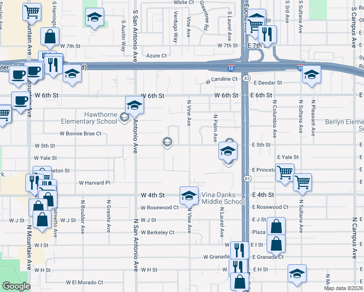 map of restaurants, bars, coffee shops, grocery stores, and more near 555 West 5th Street in Ontario