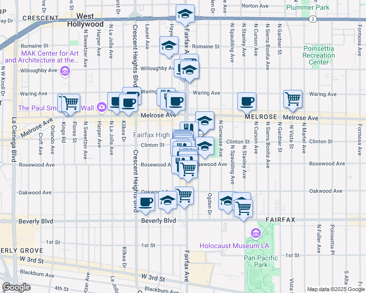 map of restaurants, bars, coffee shops, grocery stores, and more near 543 North Fairfax Avenue in Los Angeles