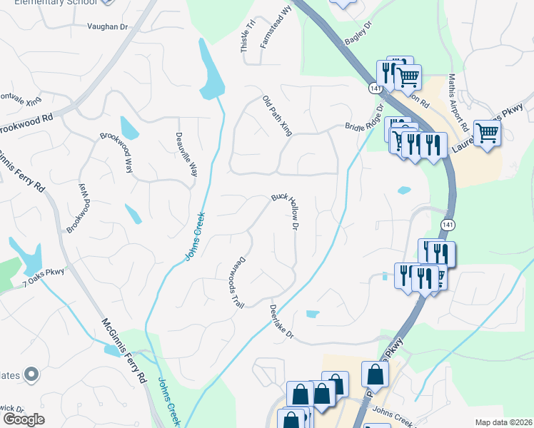 map of restaurants, bars, coffee shops, grocery stores, and more near 5570 Buck Hollow Drive in Alpharetta