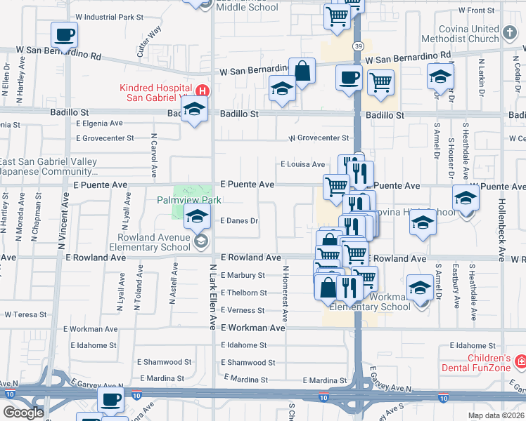 map of restaurants, bars, coffee shops, grocery stores, and more near 612 North Butterfield Road in West Covina