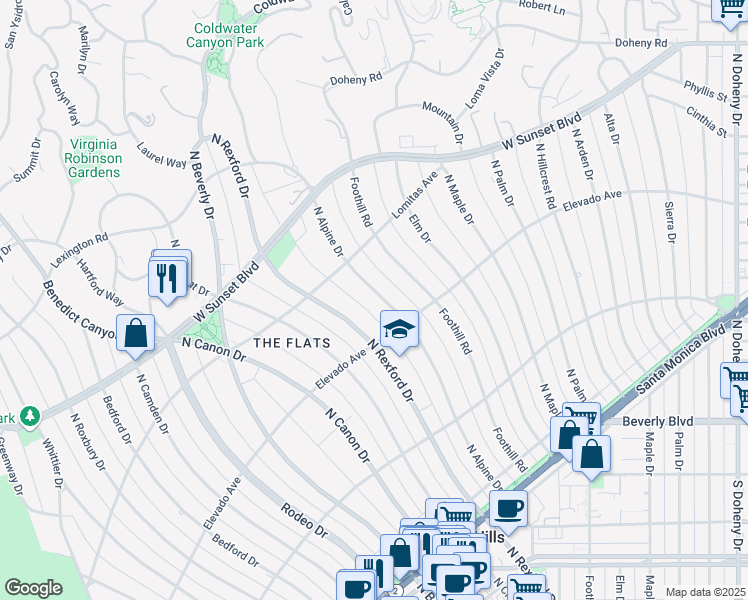 map of restaurants, bars, coffee shops, grocery stores, and more near 711 North Alpine Drive in Beverly Hills